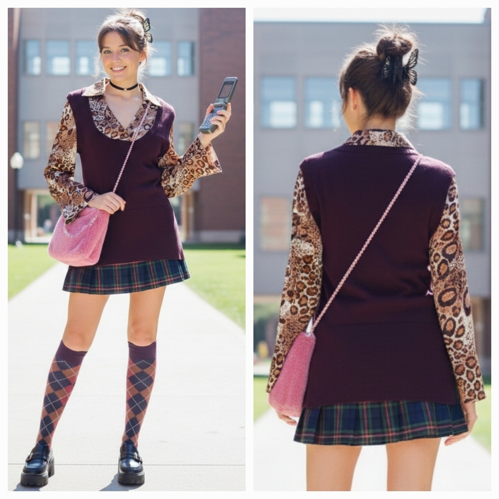 Tribal S Y2K Academia Preppy Office Siren Mobwife Leopard Satin Knit Vest Top